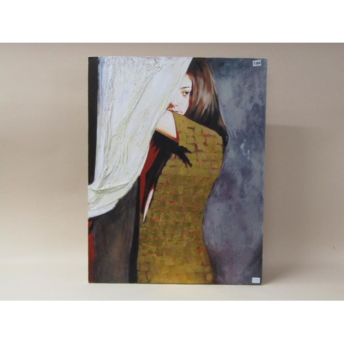 1384 - MAILER-YATES - FEMALE FIGURE BEHIND CURTAIN, OIL ON CANVAS, UNFRAMED, 90CM X 70CM