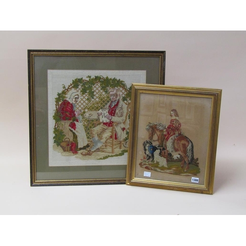 1388 - TWO F/G NEEDLEWORK PICTURES - MAN ON HORSEBACK WITH TWO DOGS & A LETTER HAS ARRIVED, F/G, 39CM X 31C... 