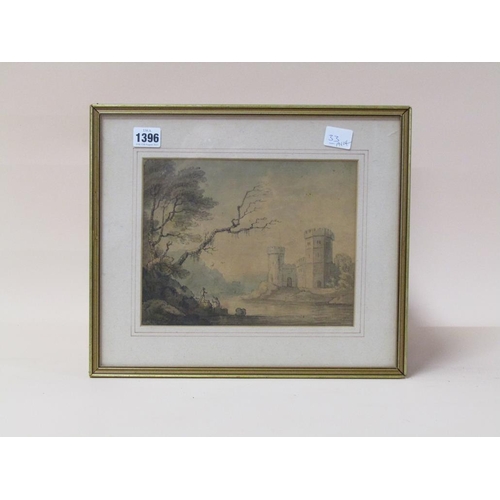 1396 - SIGNED INDISTINCTLY LATE 18C - TWO FIGURES ON THE BANKS OF A RIVER CLOSE TO CASTLE, WATERCOLOUR, F/G... 