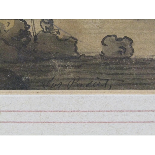 1396 - SIGNED INDISTINCTLY LATE 18C - TWO FIGURES ON THE BANKS OF A RIVER CLOSE TO CASTLE, WATERCOLOUR, F/G... 