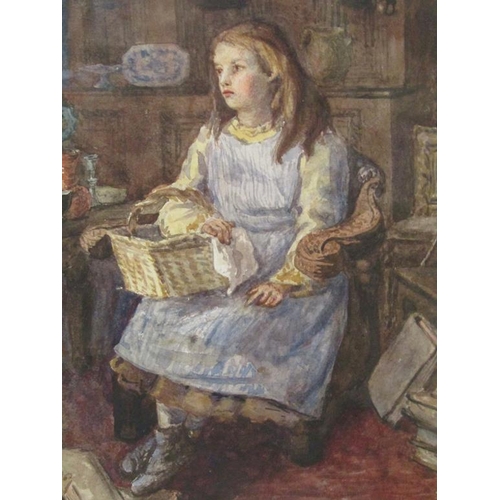 1406 - UNSIGNED EARLY 20C F/G WATERCOLOURS - PORTRAIT OF A YOUNG GIRL SEATED A CHAIR WITH BASKET & OLD COLL... 