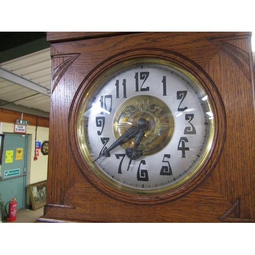 1410 - EARLY 20c OAK LONG CASE CLOCK WITH CIRCULAR SILVERED AND BRASS CENTRED DIAL, STANDING 205cms H