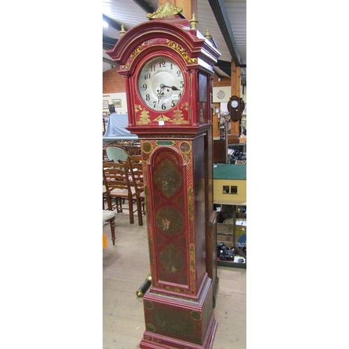 1411 - 19c LONG CASE CLOCK WITH CIRCULAR SILVERED DIAL IN ORIENTAL RED LACQUERED CHINOISSERIE DECORATED CAS... 