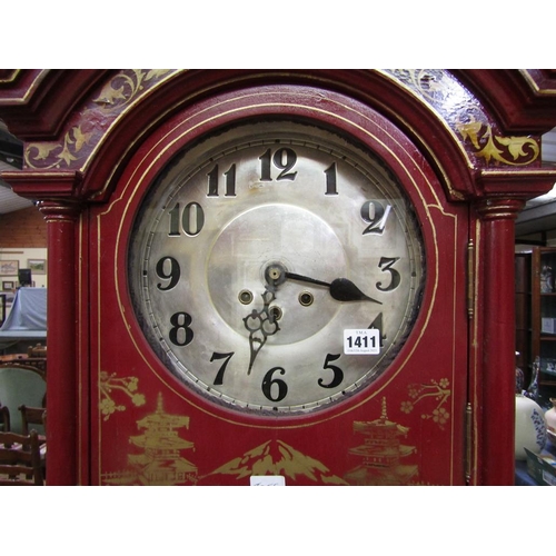 1411 - 19c LONG CASE CLOCK WITH CIRCULAR SILVERED DIAL IN ORIENTAL RED LACQUERED CHINOISSERIE DECORATED CAS... 