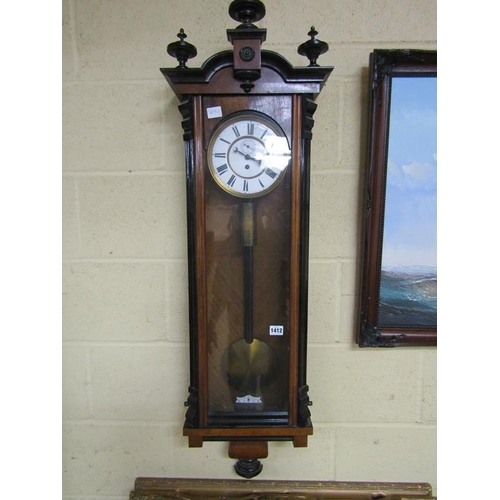 1412 - LATE VICTORIAN WALNUT AND EBONISED CASE VIENNA TYPE PENDULUM WALL CLOCK, 122cms H