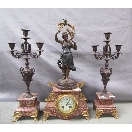 1560 - LATE 19c PATINATED METAL AND PINK VEINED MARBLE CLOCK GARNITURE, THE FIGURATIVE CLOCK STANDS 56cms H