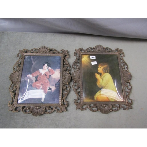 1570 - TWO PATINATED BRASS FRAMED COLOURED PRINTS - BOY AND GIRL, EACH 40cms H