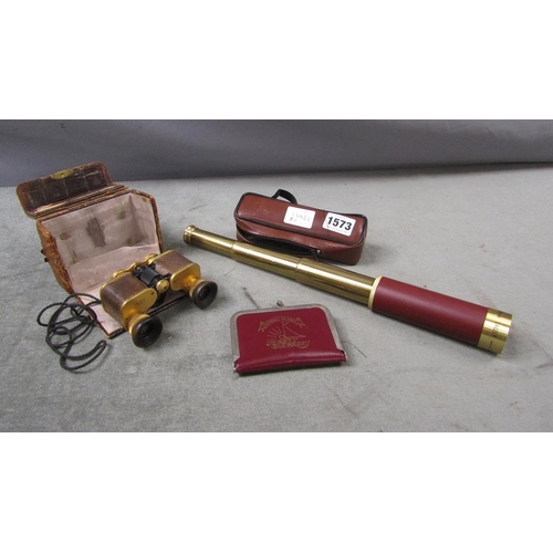 1573 - THREE DRAWER POCKET TELESCOPE TOGETHER WITH A SMALL LEATHER PURSE AND A PAIR OF CARL ZEISS JENA OPER... 