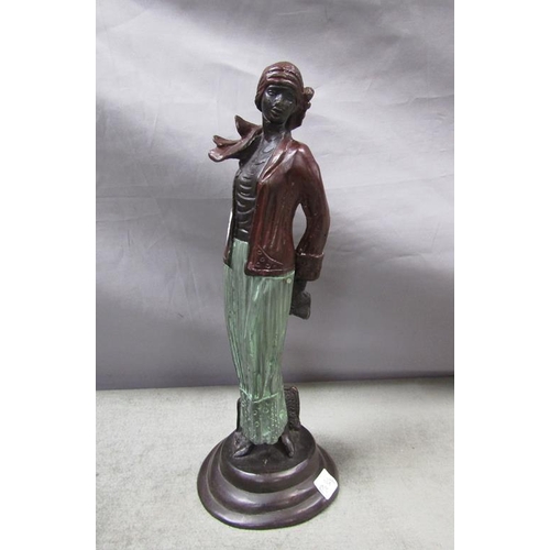 1575 - PAINTED BRONZED FIGURE OF A STANDING LADY ON BASE 30cms H