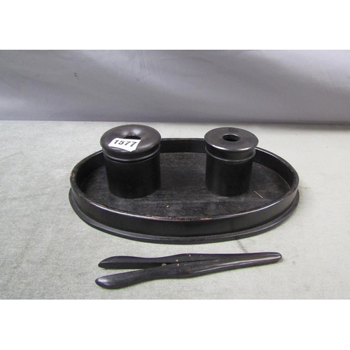 1577 - EBONY OVAL GALLERIED TRAY TOGETHER WITH TWO TISSUE POTS AND A PAIR OF GLOVE STRETCHERS