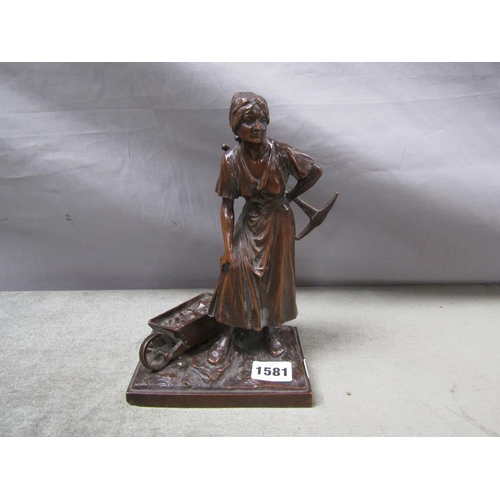 1581 - BRONZED METAL FIGURE OF A FEMALE MINER - 22cms H