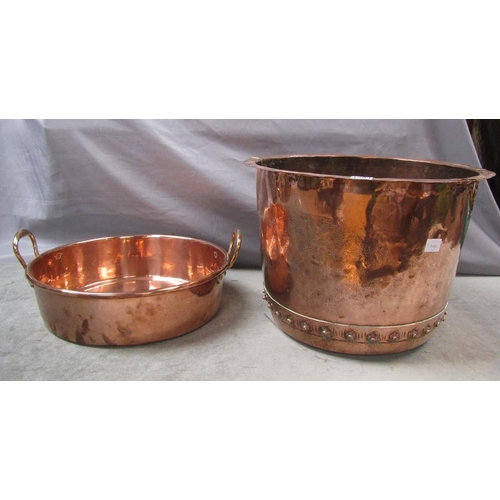 1583 - COPPER COPPER TOGETHER WITH A COPPER TWO HANDLED PAN (42cms DIA)