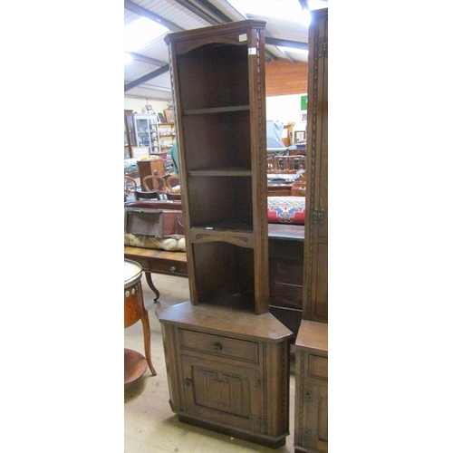 2100 - OAK LINEN FOLD CARVED STANDING CORNER CUPBOARD, 70CM W, 194CM H