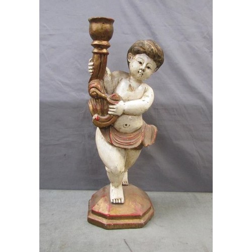 1580A - EARLY CARVED WOODEN FIGURATIVE CHERUB - 64cms H