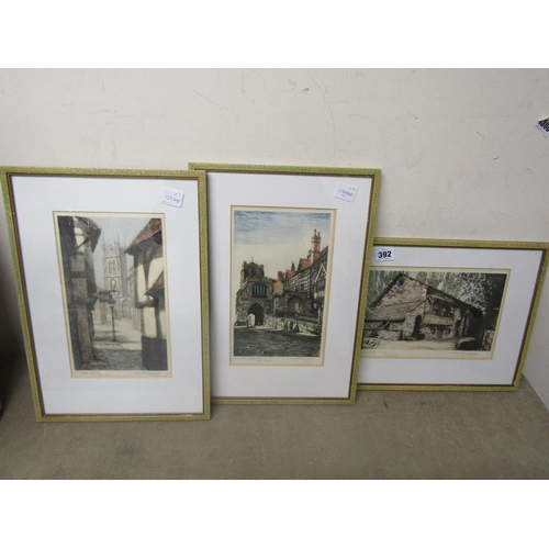 392 - THREE COLOURED ETCHINGS SIGNED