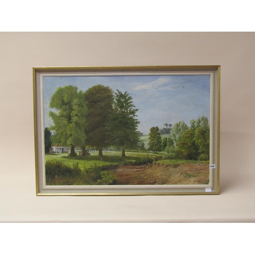 1201 - RALPH HOPTON 1976 - THE CRICKET MATCH, SIGNED OIL ON CANVAS.  FRAMED 60 x 90 cms