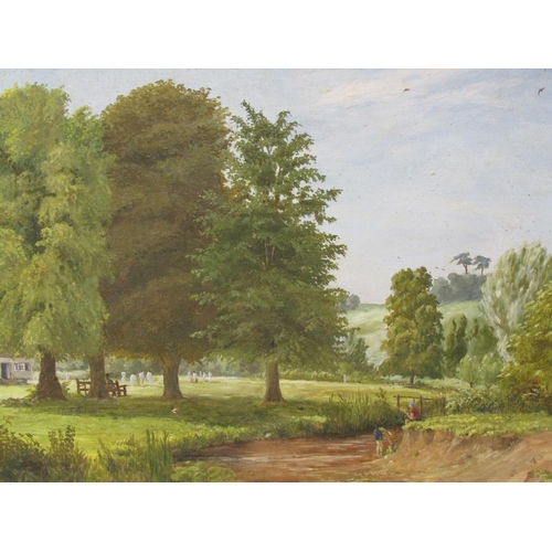 1201 - RALPH HOPTON 1976 - THE CRICKET MATCH, SIGNED OIL ON CANVAS.  FRAMED 60 x 90 cms