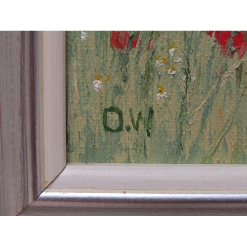 1203 - OLIVE WALKER - FIELD OF POPPIES AND OTHER PLANTS, SIGNED MONO.  OIL ON PANEL, FRAMED 25 x 34 cms