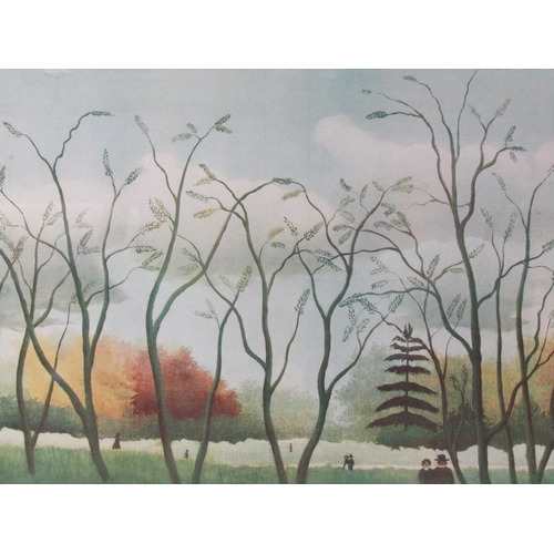 1218 - HENRI ROUSSEAU - CONTEMPOARY SUBJECT FIGURES IN A PARKLAND SETTING, COLOURED PRINT, F/G, 44CM X 54CM