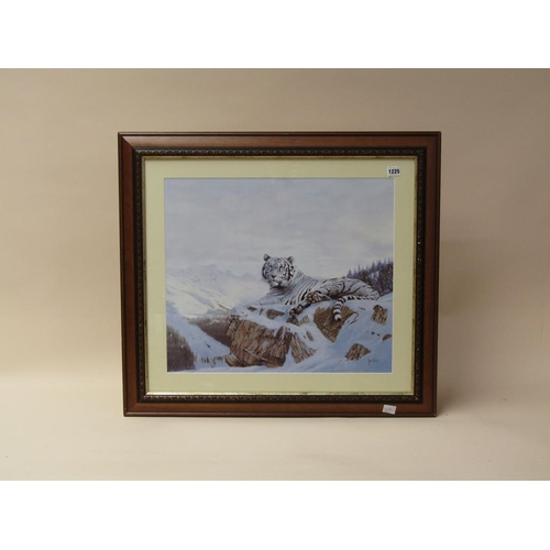 1225 - SIGNED FRAMED COLOURED PRINT - TIGER IN WINTER SETTING, 47CM X 55CM