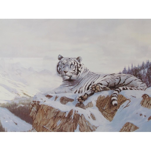 1225 - SIGNED FRAMED COLOURED PRINT - TIGER IN WINTER SETTING, 47CM X 55CM