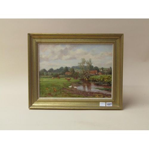 1227 - J GREENWELL - CATTLE IN RIVER MEADOW WITH TWO GEESE, SIGNED, OIL ON CANVAS, FRAMED, 30CM X 40CM