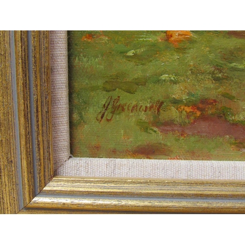 1227 - J GREENWELL - CATTLE IN RIVER MEADOW WITH TWO GEESE, SIGNED, OIL ON CANVAS, FRAMED, 30CM X 40CM