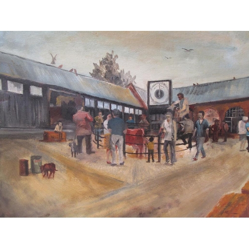 1230 - LEFT 74 - THE CATTLE MARKET, SIGNED OIL ON CANVAS, 50CM X 60CM