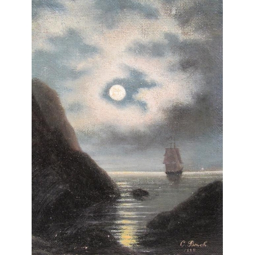 1252 - C BACH 1882 - MOONLIT SEASCAPE, SIGNED OIL ON CANVAS FRAMED, 16CM X 12CM