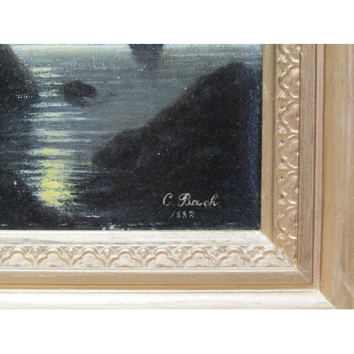 1252 - C BACH 1882 - MOONLIT SEASCAPE, SIGNED OIL ON CANVAS FRAMED, 16CM X 12CM