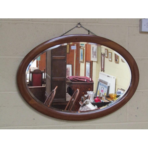 1269 - EDWARDIAN OVAL MAHOGANY INLAID WALL MIRROR, 57CM X 82CM