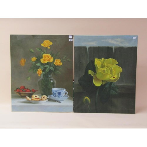 1271 - SIMON WHITBY - PAIR, YELLOW ROSES, OIL ON CANVAS, EACH 78CM X 61CM