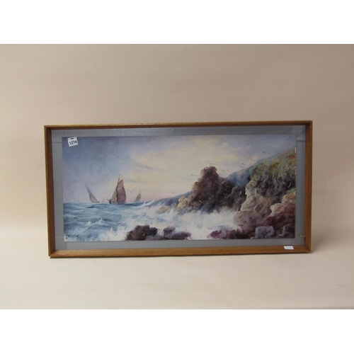 1274 - J FERGUSON - ROCKY COASTAL SCENE, OLEOGRAPH, 33CM X 83CM; WATERCOLOUR