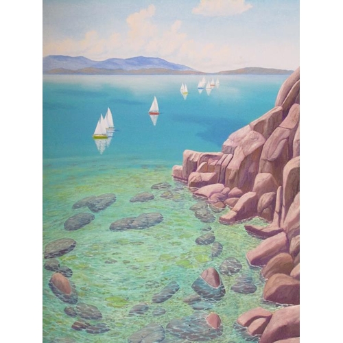 1276 - DJ HARDY - ROCKY COASTAL SCENE WITH SAILING YACHTS, SIGNED OIL ON CANVAS, FRAMED, 90CM X 60CM