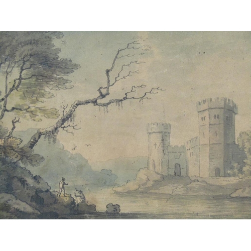 1284 - SIGNED INDISTINCTLY LATE 18C WATERCOLOUR - RIVER CASTLE AND FIGURES ON THE BANK, F/G, 19CMX 24CM