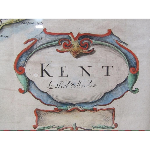 1293 - ROBERT MORDEN - ANTIQUE COLOURED MAP OF KENT, F/G, 35CM X 62CM