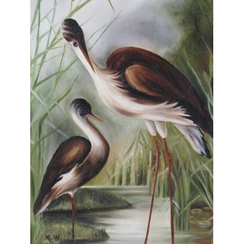 1294 - SIGNED IN MONO MW - STORKS IN BULLRUSHES, OIL ON CANVAS, FRAMED, 29CM X 86CM