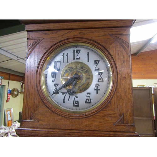 1317 - EARLY 20C OAK LONGCASE CLOCK WITH CIRCULAR SILVERED DIAL, 205CM H