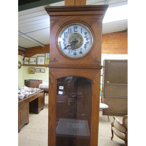 1317 - EARLY 20C OAK LONGCASE CLOCK WITH CIRCULAR SILVERED DIAL, 205CM H