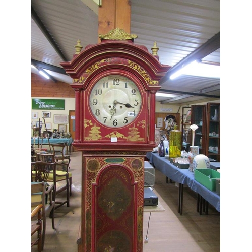 1318 - 19C RED LACQUERED CHINOISERIE DECORATED LONGCASE CLOCK WITH A SILVERED CIRCULAR DIAL, 220CM H