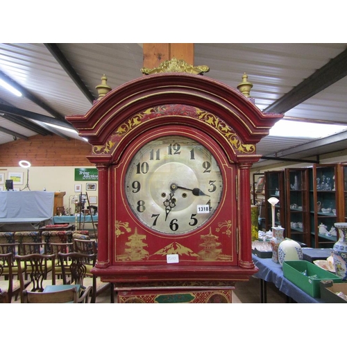 1318 - 19C RED LACQUERED CHINOISERIE DECORATED LONGCASE CLOCK WITH A SILVERED CIRCULAR DIAL, 220CM H