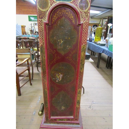 1318 - 19C RED LACQUERED CHINOISERIE DECORATED LONGCASE CLOCK WITH A SILVERED CIRCULAR DIAL, 220CM H