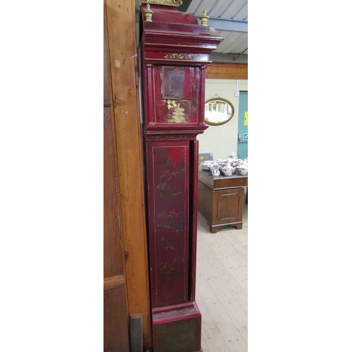 1318 - 19C RED LACQUERED CHINOISERIE DECORATED LONGCASE CLOCK WITH A SILVERED CIRCULAR DIAL, 220CM H