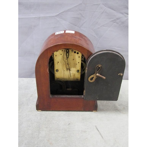 1323 - EDWARDIAN PERIOD INLAID MAHOGANY DOME TOP MANTEL CLOCK, 30CM H