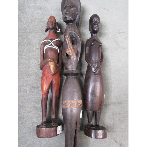 1326 - THREE AFRICAN CARVED WOOD TOTUMS AND FIGURES