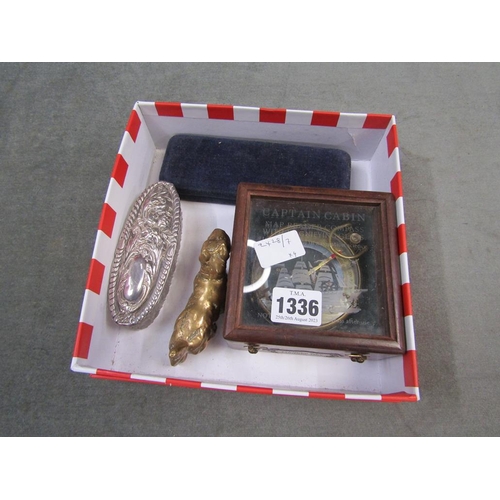 1336 - COLLECTION OF FOUR ITEMS ; COMPASS, BRASS SCOTTIE DOG FIGURE, GLASS PIN BOX WITH SILVER COVER AND GI... 