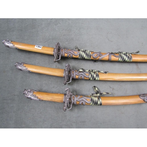 1363 - THREE JAPANESE STYLE SAMURAI SWORDS WITH SCABBARDS, 102, 83 AND 55 cms L