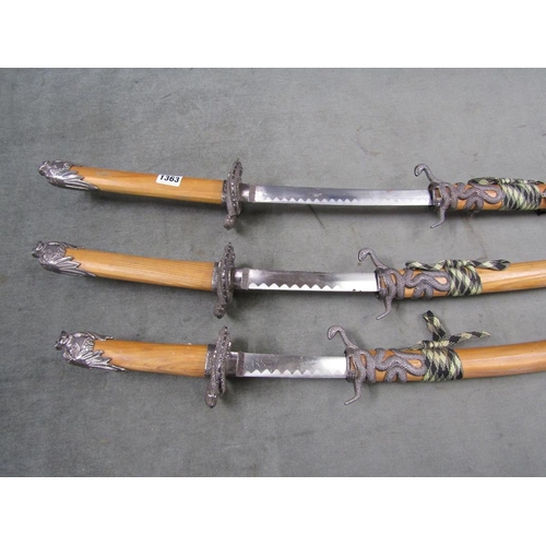 1363 - THREE JAPANESE STYLE SAMURAI SWORDS WITH SCABBARDS, 102, 83 AND 55 cms L