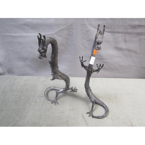 1402 - PAIR OF PATINATED BRONZE STANDING DRAGONS