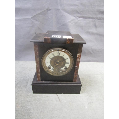 1412 - EDWARDIAN BLACK SLATE AND MARBLE MANTEL CLOCK 28cms H